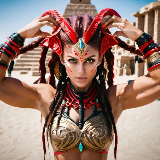 Prompt: female, {wide nasal bridge}, long bestial hair, {feral}, muscular, {red skin}, {alien}, {large eyes}, warrior, perfect face, perfect body, (radiating energy),(wide angle), (epic) , (battle pose), (perfect eyes), (tan skin), {aztec}