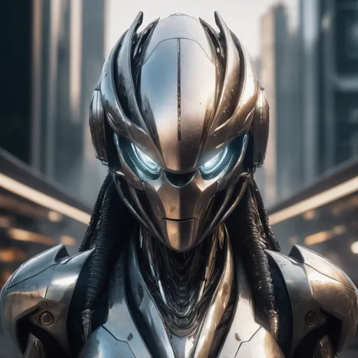 Prompt: Portrait (((symmetrical)) of an organic  living bio-armor with serrated edges, hunter killer super soldier in a silver iridescent ablative armor, [star-field background], feminine, power suit, predator, tendril hair,  (wide view), epic, cinematic, panned out view, zoomed out
