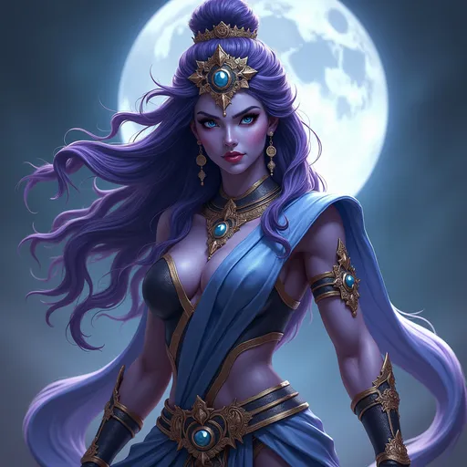 Prompt: Generate an realistic image of a fierce and powerful female royal character with lilac skin, inspired by the Hindu goddess themes. Deva. She has wild dark-purple hair,  and piercing sapphire blue eyes that radiate strength and wisdom. She is dressed in silver, black, and blue robes with a moon motif, ensure that her features also reflect modern beauty standards—symmetrical heart shaped face, full lips, narrow brows, long lashes, and narrow defined jaw. She wears a blend of traditional attire like a sari, but with a modern twist that makes her appearance contemporary yet still mystical. Her pose is dynamic, showing strength and grace, with a backdrop of a cosmic battlefield, symbolizing her warrior nature, but incorporating soft elements like moonlight that add a touch of beauty and divinity.