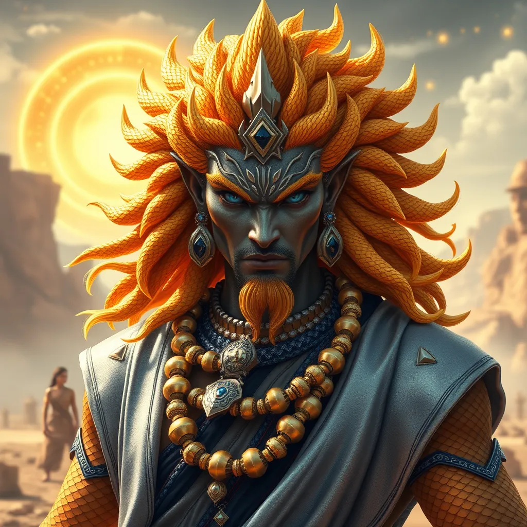 Prompt: Generate an realistic image of a fierce and powerful male imperial character with golden scales, inspired by the Hindu god themes. he has wild glowing flaming golden sunset colored  hair,  and piercing sapphire blue eyes that radiate strength and wisdom. He is dressed in silver, black, and blue robes with a solar motif, ensure that her features also reflect modern beauty standards—symmetrical heart shaped face, full lips, narrow brows, long lashes, and narrow defined jaw. he wears a blend of traditional attire like a sari, but with a modern twist that makes her appearance contemporary yet still mystical. His pose is dynamic, showing strength and grace, with a backdrop of a cosmic battlefield, symbolizing his warrior nature, but incorporating desert elements like raging suns that add a touch of beauty and divinity.