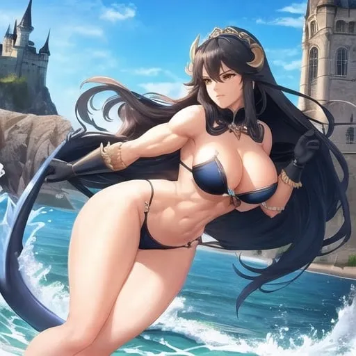 Prompt: primal goddess of the sea, muscular, perfect female figure with beast like features. Perfect face. Powerful legs. Long legs. Clawed hands. Background: Gothic sea side castle. In the style Frank Frazetta.