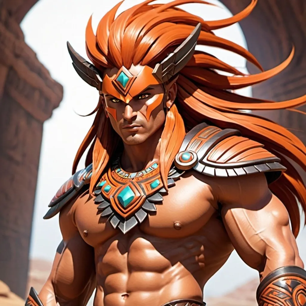 Prompt: male, {wide nasal bridge}, long bestial hair, {feral}, muscular, {orange skin}, {alien}, {large eyes}, noble warrior, perfect face, perfect body, (radiating energy),(wide angle), (epic) , (battle pose), (perfect eyes), (tan skin), {aztec}, {crimson hair}
