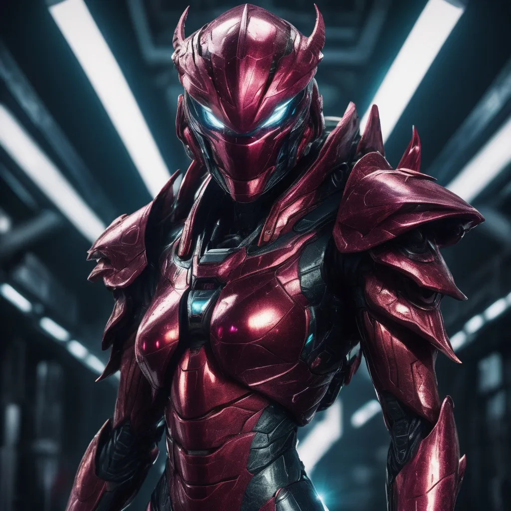 Prompt: Portrait (((symmetrical)) of an organic  living bio-armor with serrated edges, hunter killer super soldier in a crimson iridescent ablative armor, [star-field background], feminine, power suit, predator, tendril hair,  (wide view), epic, cinematic, panned out view, zoomed out
