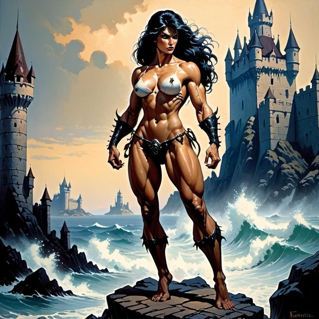 Prompt: primal huntress of the sea, muscular, perfect female figure with beast like features. Powerful legs. Long legs. Clawed hands. Black hair. White skin. Background: Gothic sea side castle. In the style Frank Frazetta.