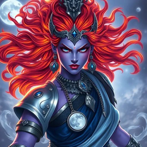 Prompt: Generate an realistic image of a fierce and powerful female royal character with lilac skin, inspired by the Hindu goddess themes. Deva. She has wild glowing flaming sunset colored  hair,  and piercing sapphire blue eyes that radiate strength and wisdom. She is dressed in silver, black, and blue robes with a moon motif, ensure that her features also reflect modern beauty standards—symmetrical heart shaped face, full lips, narrow brows, long lashes, and narrow defined jaw. She wears a blend of traditional attire like a sari, but with a modern twist that makes her appearance contemporary yet still mystical. Her pose is dynamic, showing strength and grace, with a backdrop of a cosmic battlefield, symbolizing her warrior nature, but incorporating soft elements like moonlight that add a touch of beauty and divinity.