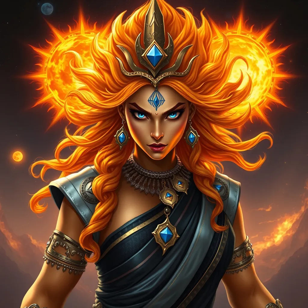 Prompt: Generate an realistic image of a fierce and powerful female royal character with golden skin, inspired by the Hindu goddess themes. Deva. She has wild glowing flaming sunset colored  hair,  and piercing sapphire blue eyes that radiate strength and wisdom. She is dressed in silver, black, and blue robes with a solar motif, ensure that her features also reflect modern beauty standards—symmetrical heart shaped face, full lips, narrow brows, long lashes, and narrow defined jaw. She wears a blend of traditional attire like a sari, but with a modern twist that makes her appearance contemporary yet still mystical. Her pose is dynamic, showing strength and grace, with a backdrop of a cosmic battlefield, symbolizing her warrior nature, but incorporating soft elements like raging suns that add a touch of beauty and divinity.