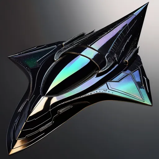 Prompt: organic arrow head shaped living bio-space ship, super destroyer, black iridescent ablative armor