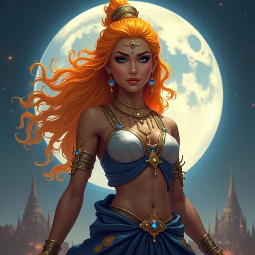 Prompt: Generate an realistic image of a fierce and powerful female royal character with golden skin, inspired by the Hindu goddess themes. Deva. She has wild glowing flaming sunset colored  hair,  and piercing sapphire blue eyes that radiate strength and wisdom. She is dressed in silver, black, and blue robes with a moon motif, ensure that her features also reflect modern beauty standards—symmetrical heart shaped face, full lips, narrow brows, long lashes, and narrow defined jaw. She wears a blend of traditional attire like a sari, but with a modern twist that makes her appearance contemporary yet still mystical. Her pose is dynamic, showing strength and grace, with a backdrop of a cosmic battlefield, symbolizing her warrior nature, but incorporating soft elements like moonlight that add a touch of beauty and divinity.