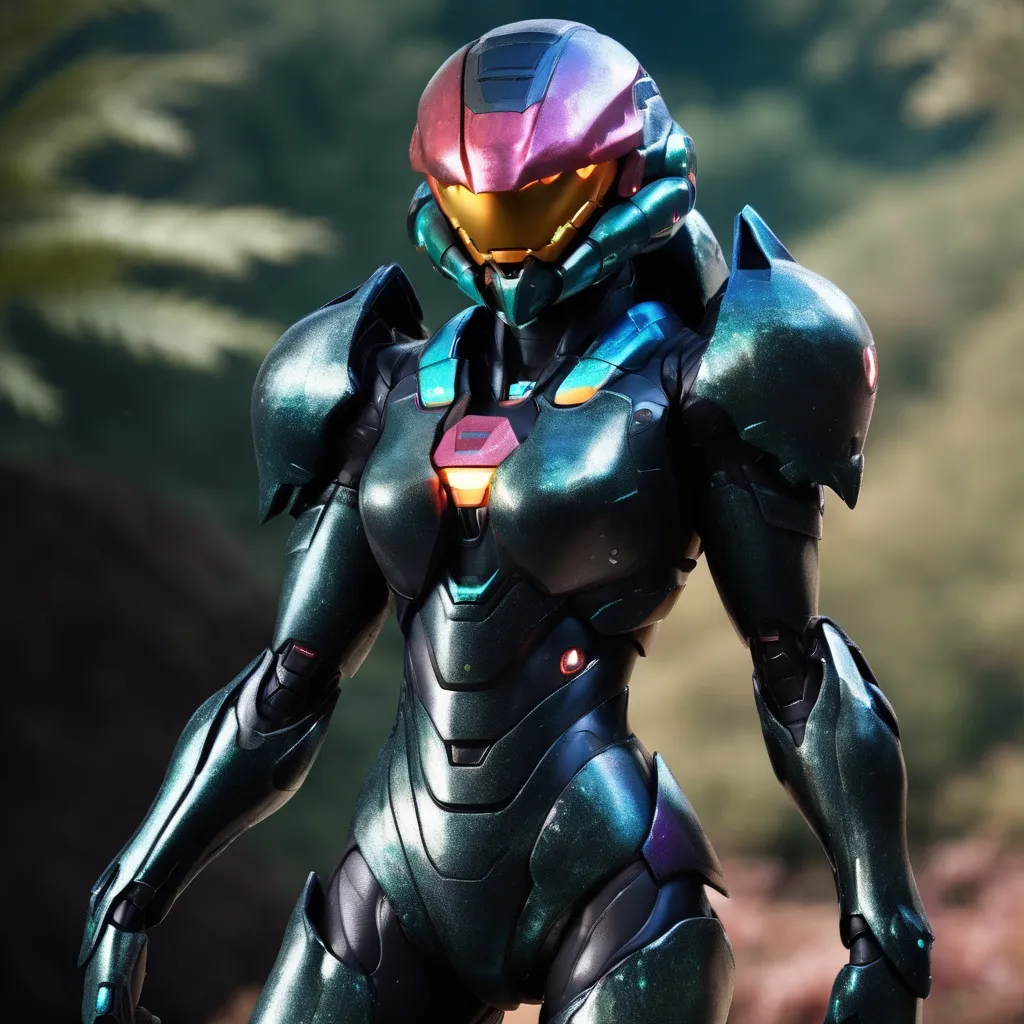 Prompt: organic living bio-armor with serrated edges, hunter killer super soldier a black iridescent ablative armor, [black star-field background], feminine, samus