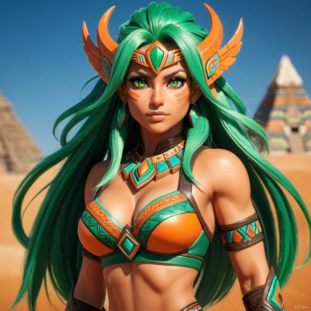 Prompt: female, {wide nasal bridge}, long bestial hair, {feral}, muscular, {orange skin}, {alien}, {large eyes}, warrior, perfect face, perfect body, (radiating energy),(wide angle), (epic) , (battle pose), (perfect eyes), (tan skin), {aztec}, {green hair}