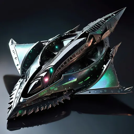 Prompt: organic arrow head shaped living bio-space ship, serrated edges, hunter killer ship, black iridescent ablative armor