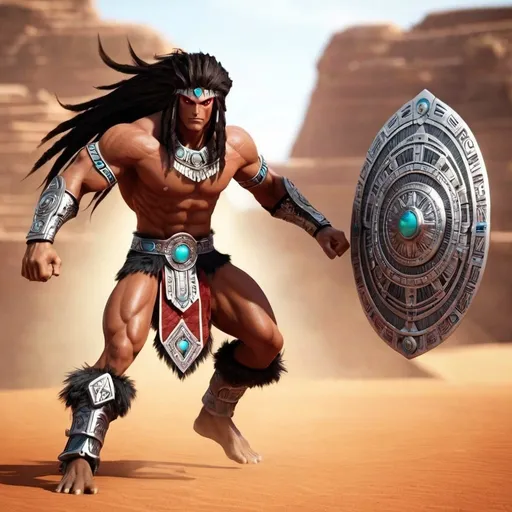 Prompt: male, {wide nasal bridge}, long bestial hair, {feral}, muscular, {red skin}, {alien}, {large eyes}, warrior, perfect face, perfect body, (radiating energy),(wide angle), (epic) , (battle pose), (perfect eyes), (tan skin), {aztec}