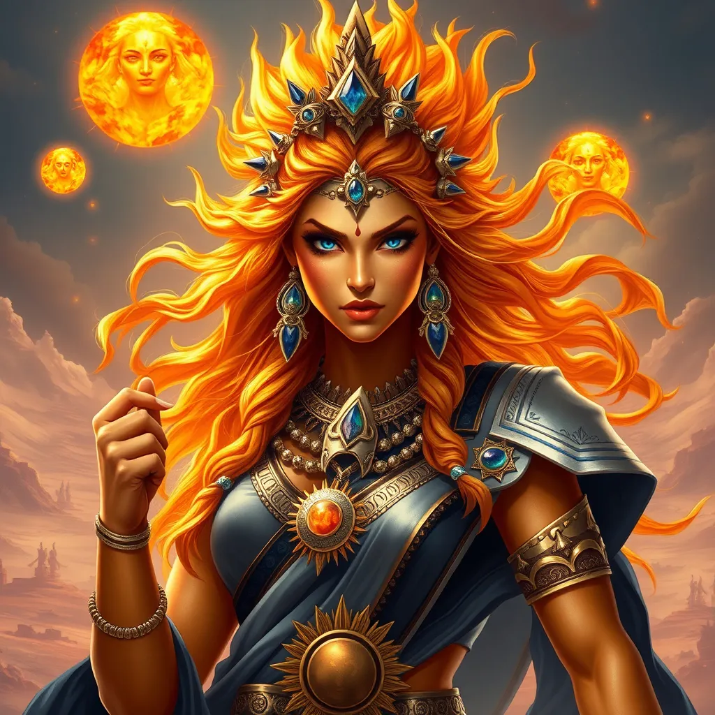 Prompt: Generate an realistic image of a fierce and powerful female royal character with golden skin, inspired by the Hindu goddess themes. Deva. She has wild glowing flaming sunset colored  hair,  and piercing sapphire blue eyes that radiate strength and wisdom. She is dressed in silver, black, and blue robes with a solar motif, ensure that her features also reflect modern beauty standards—symmetrical heart shaped face, full lips, narrow brows, long lashes, and narrow defined jaw. She wears a blend of traditional attire like a sari, but with a modern twist that makes her appearance contemporary yet still mystical. Her pose is dynamic, showing strength and grace, with a backdrop of a cosmic battlefield, symbolizing her warrior nature, but incorporating desert elements like raging suns that add a touch of beauty and divinity.