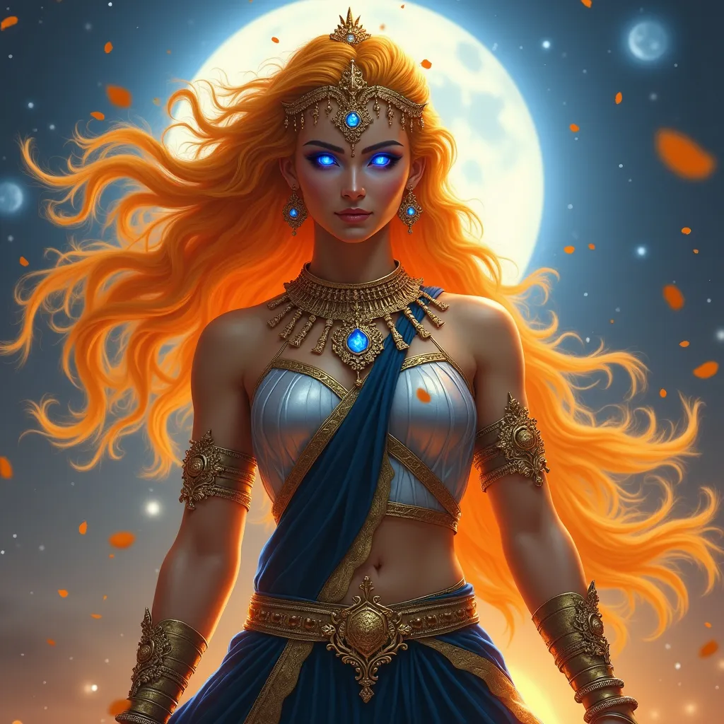 Prompt: Generate an realistic image of a fierce and powerful female royal character with golden skin, inspired by the Hindu goddess themes. Deva. She has wild glowing flaming sunset colored  hair,  and piercing sapphire blue eyes that radiate strength and wisdom. She is dressed in silver, black, and blue robes with a moon motif, ensure that her features also reflect modern beauty standards—symmetrical heart shaped face, full lips, narrow brows, long lashes, and narrow defined jaw. She wears a blend of traditional attire like a sari, but with a modern twist that makes her appearance contemporary yet still mystical. Her pose is dynamic, showing strength and grace, with a backdrop of a cosmic battlefield, symbolizing her warrior nature, but incorporating soft elements like moonlight that add a touch of beauty and divinity.