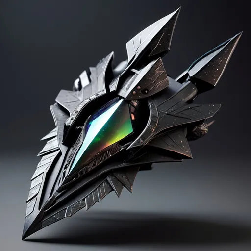 Prompt: organic arrow head shaped living bio-space ship, serrated edges, super carrier, black iridescent ablative armor