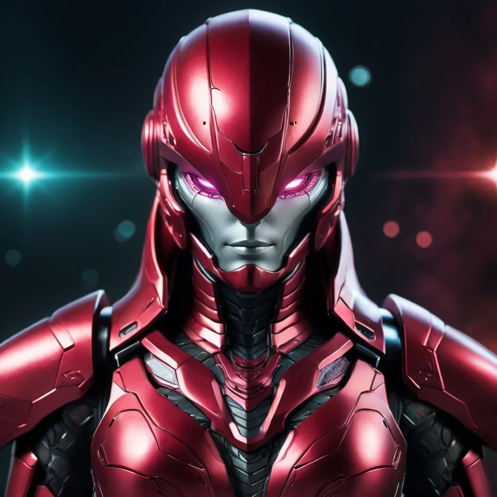 Prompt: Portrait (((symmetrical)) of an organic  living bio-armor with serrated edges, hunter killer super soldier in a crimson iridescent ablative armor, [star-field background], feminine, power suit, predator, (wide view), epic, (((cinematic))), panned out view, zoomed out, cybernetic angel 
