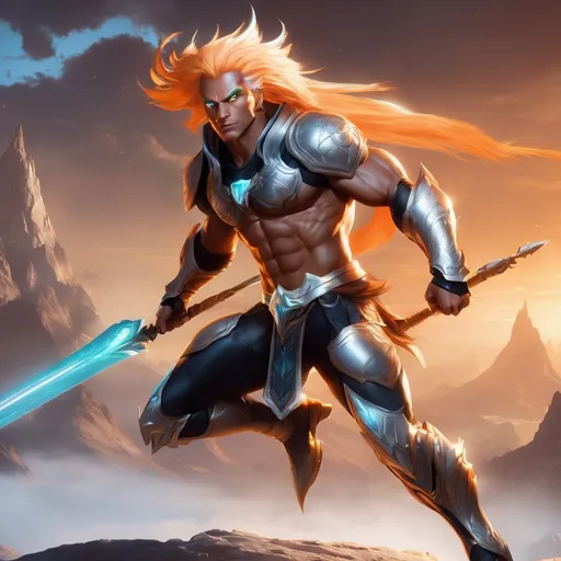 Prompt: male, {wide nasal bridge}, long bestial hair, {feral}, muscular, {orange skin}, {alien}, {large eyes}, noble warrior, perfect face, perfect body, (radiating energy),(wide angle), (epic) , (battle pose), (perfect eyes), (tan skin), {Nordic}, {white hair}