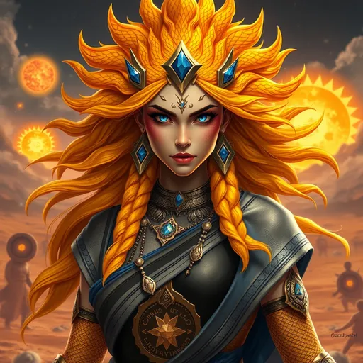 Prompt: Generate an realistic image of a fierce and powerful female imperial character with golden scales, inspired by the Hindu goddess themes. She has wild glowing flaming golden sunset colored  hair,  and piercing sapphire blue eyes that radiate strength and wisdom. She is dressed in silver, black, and blue robes with a solar motif, ensure that her features also reflect modern beauty standards—symmetrical heart shaped face, full lips, narrow brows, long lashes, and narrow defined jaw. She wears a blend of traditional attire like a sari, but with a modern twist that makes her appearance contemporary yet still mystical. Her pose is dynamic, showing strength and grace, with a backdrop of a cosmic battlefield, symbolizing her warrior nature, but incorporating desert elements like raging suns that add a touch of beauty and divinity.