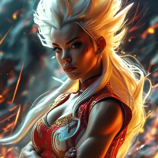 Prompt: Confident female super-Saiyan god with a sleek glowing-red long-layered haircut, and  striking brown eyes.  Flying in the air over a raging battle field. Powerful electric aura. hourglass figure. Perfect face. She has powerful athletic build. Her posture is strong and composed, exuding a sense of strength and self-assuredness.  She wears a blend of traditional attire like a sari, but with a modern twist that makes her appearance contemporary yet still mystical.