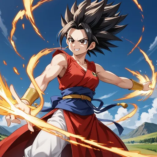 Prompt: Confident female super-Saiyan god with a sleek glowing-red long-layered haircut, and  striking brown eyes.  Flying in the air over a raging battle field. Powerful electric aura. hourglass figure. Perfect face. She has powerful athletic build. Her posture is strong and composed, exuding a sense of strength and self-assuredness.  She wears a blend of traditional attire like a sari, but with a modern twist that makes her appearance contemporary yet still mystical.