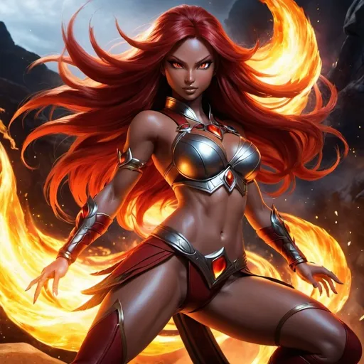 Prompt: female, {wide nasal bridge}, long bestial hair, {feral}, muscular, {dark red skin}, red-skinned-female (tall), {alien}, {large eyes}, warrior, perfect face, perfect body, (radiating energy), (blazing), (fire deity), (wide angle), (epic) , (battle pose), (perfect eyes),