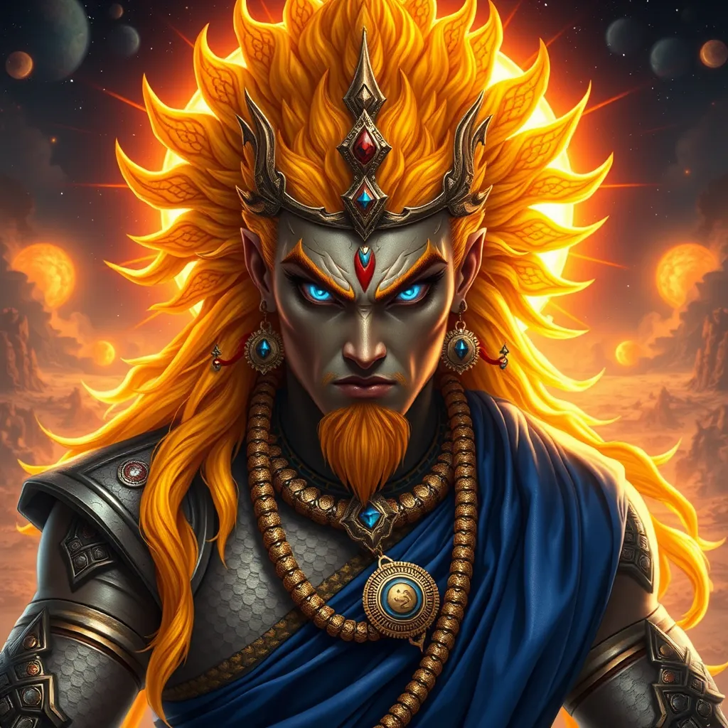 Prompt: Generate an realistic image of a fierce and powerful male imperial character with golden scales, inspired by the Hindu god themes. he has wild glowing flaming golden sunset colored  hair,  and piercing sapphire blue eyes that radiate strength and wisdom. He is dressed in silver, black, and blue robes with a solar motif, ensure that her features also reflect modern beauty standards—symmetrical heart shaped face, full lips, narrow brows, long lashes, and narrow defined jaw. he wears a blend of traditional attire like a sari, but with a modern twist that makes her appearance contemporary yet still mystical. His pose is dynamic, showing strength and grace, with a backdrop of a cosmic battlefield, symbolizing his warrior nature, but incorporating desert elements like raging suns that add a touch of beauty and divinity.