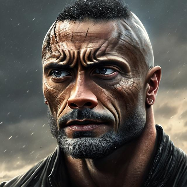 Prompt: Portrait of {the rock 30 years old} with {black} hair and with cute face, {dark background}, perfect composition, hyperrealistic, super detailed, 8k, high quality, trending art, trending on artstation, sharp focus, studio photo, intricate details, highly detailed, by greg rutkowski
