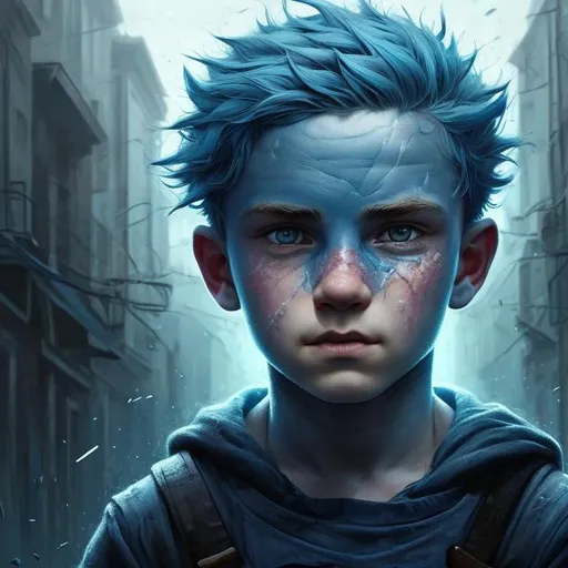 Prompt: Portrait of {young boy 26 years old} with {blue} hair and with cute face, {dark background}, perfect composition, hyperrealistic, super detailed, 8k, high quality, trending art, trending on artstation, sharp focus, studio photo, intricate details, highly detailed, by greg rutkowski
