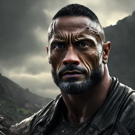 Prompt: Portrait of {the rock 30 years old} with {black} hair and with cute face, {dark background}, perfect composition, hyperrealistic, super detailed, 8k, high quality, trending art, trending on artstation, sharp focus, studio photo, intricate details, highly detailed, by greg rutkowski
