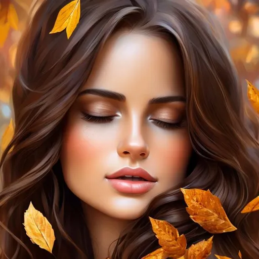 Prompt: leaves falling from the sky. beautiful brown hair woman closed eyes. feel of luxury. Realistic shading and lighting, fine details. golden shiny colors and shiny background. photo realistic. inspired by Michael Garmash. Resolution: 4k.