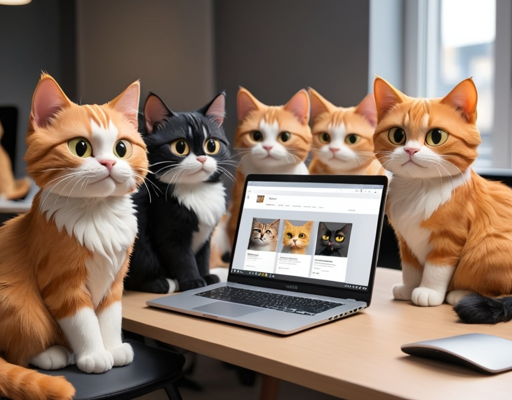 Prompt: A bunch of cats (grey, creme, black and ginger) working on their landing page in front of laptops as a team of UX and UI designers