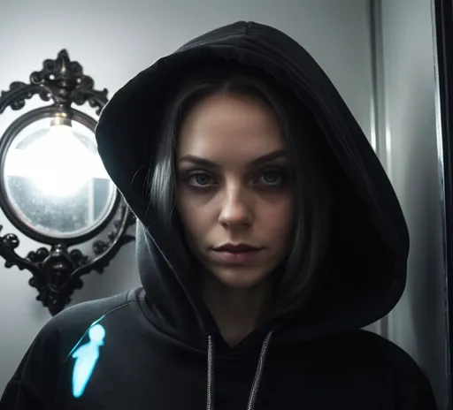 Prompt: a woman in a black dress and hoodie posing for a picture in a mirror with a light on, Dulah Marie Evans, vanitas, sci fi fantasy, a character portrait