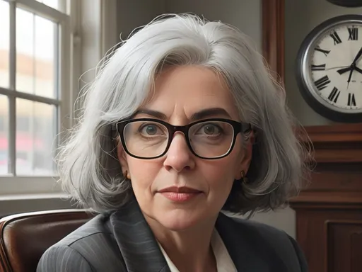 Prompt: a woman with grey hair and glasses sitting in a chair with a clock on the wall behind her and a window behind her, Elaine Duillo, precisionism, character portrait, a character portrait