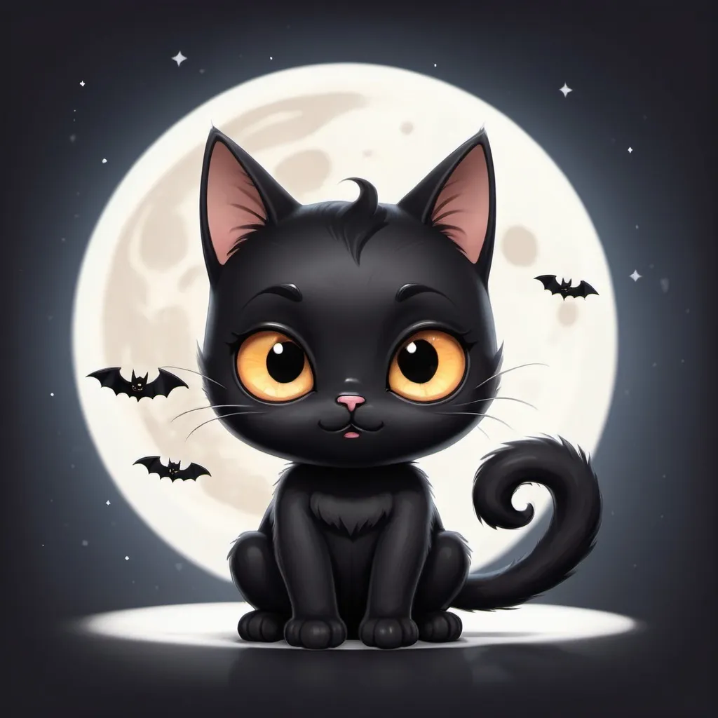 Prompt: take a cute cartoon black cat, put it in a ghost costume so her tail and ears are sticking out. nothing in the background but a moon and some bats