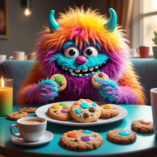 Prompt: Colorful furry monster enjoying various cookies at a coffee table, vibrant and playful, high-quality 4k resolution, digital art, cute and whimsical, vibrant colors, detailed fur and textures, cookie-filled table, happy and content expression, cozy and inviting atmosphere, warm and bright lighting