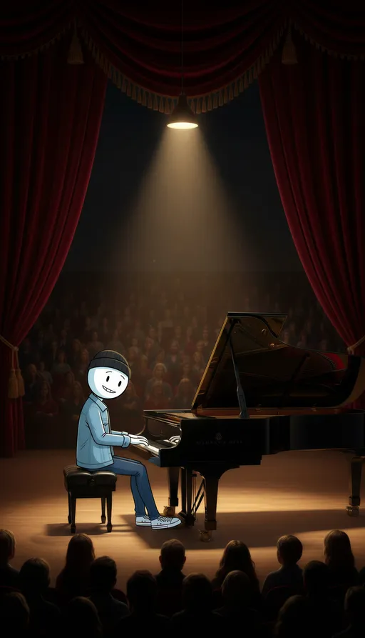 Prompt: @S2NrpvnMEtn1AD4kFkI9 Is playing piano on the huge musical stage around huge audience.