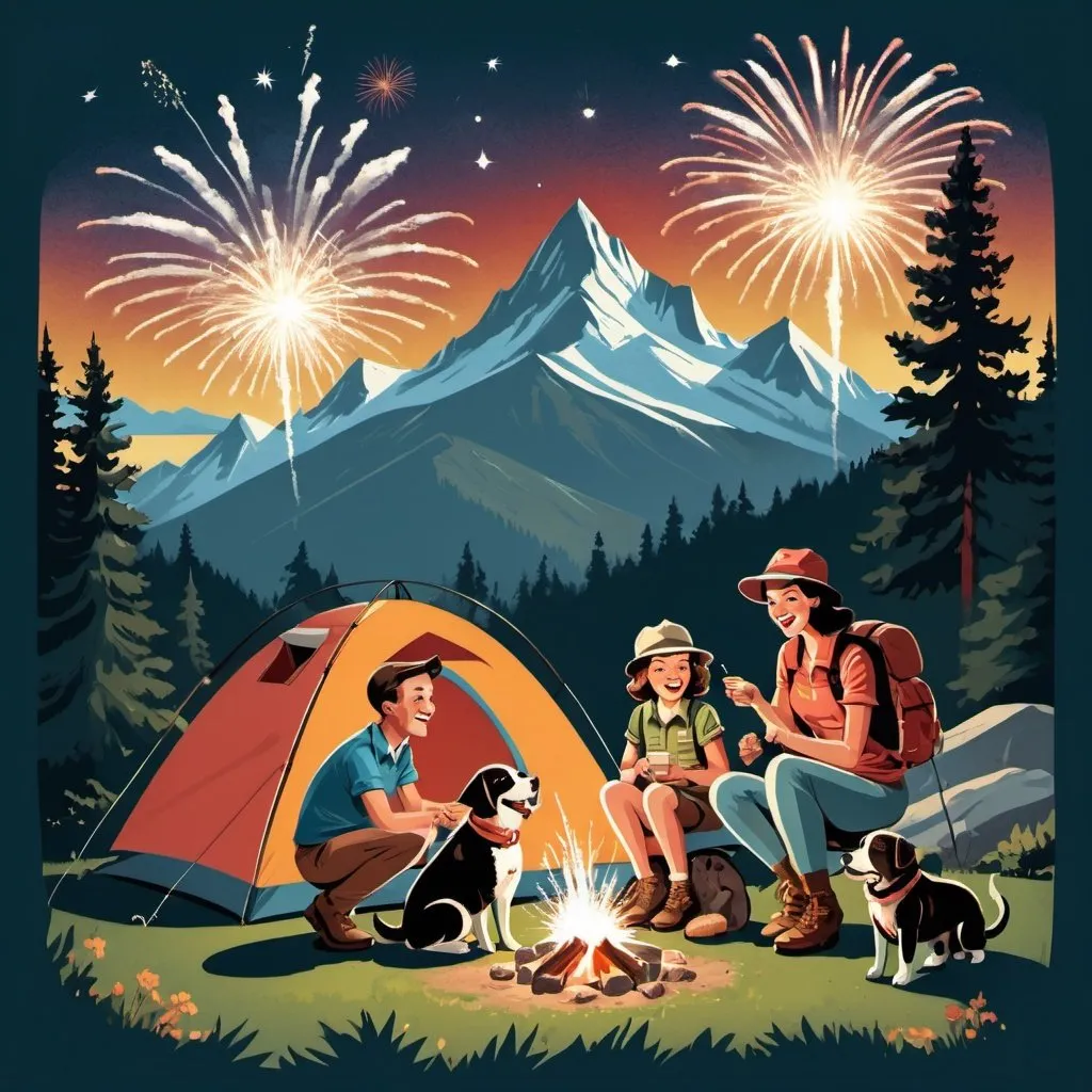 Prompt: retro illustration of a camping family (parents with a boy and a girl and a dog) in a mountain area. there's a fireworks and smores.