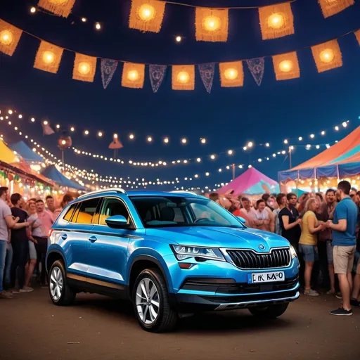 Prompt: (High-quality) Blue Skoda Karoq, (under festival lights), vibrant Lovestream Festival, (colorful atmosphere), surrounded by energizing crowds, (dynamic background), vibrant decorations, notes of music floating in the air, warm and festive ambiance, reflections in the car's surface, (low angle view), (detailed) 4K resolution, capturing the essence of celebration and joy.