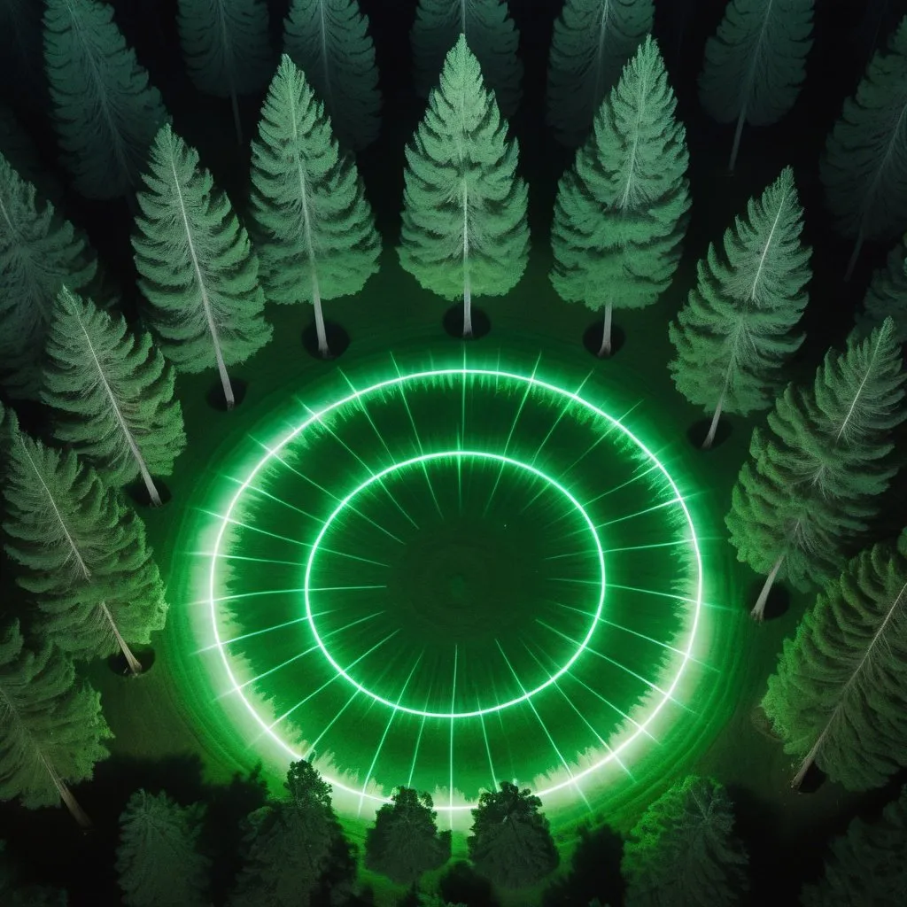 Prompt: Create a top-down, far away view of a circle of large trees in an empty field. From out of frame, green magic lasers come into view and gircle multiple times around the trees. Make it look fantasy-like.