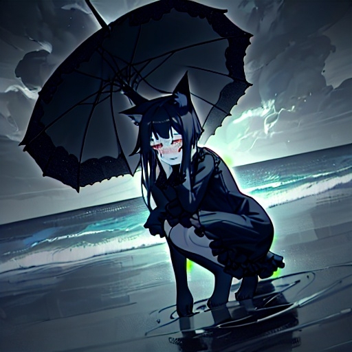 Prompt: (full body image of a female goth catperson), crying while crouched over the sea, focus on her face, dark and atmospheric waves crashing, (moody cloudy), tall, flowing black garments combining gothic style and feline features, dramatic sky, hint of mystery in the air, (ultra-detailed), cinematic ambiance, emphasizing the contrast between the catperson and the vast ocean backdrop.