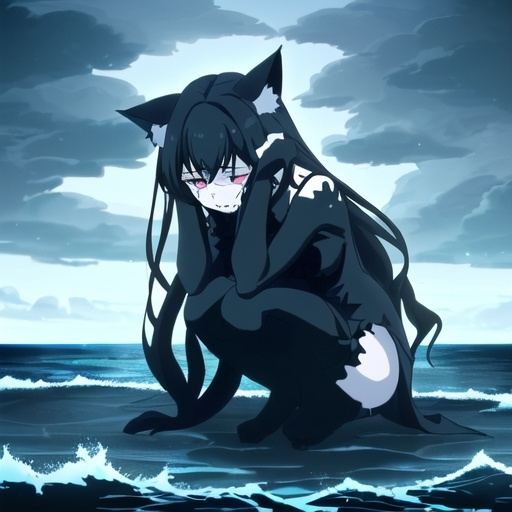 Prompt: (full body image of a female goth catperson), crying while crouched over the sea, focus on her face, dark and atmospheric waves crashing, (moody cloudy), tall, flowing black garments combining gothic style and feline features, dramatic sky, hint of mystery in the air, (ultra-detailed), cinematic ambiance, emphasizing the contrast between the catperson and the vast ocean backdrop.