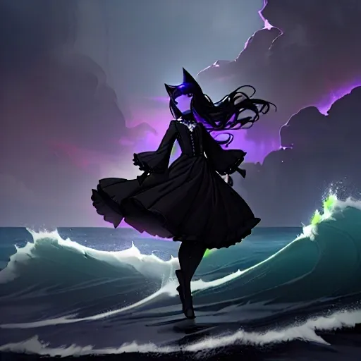 Prompt: (full body image of a female goth catperson), standing confidently over the sea, dark and atmospheric waves crashing, (moody lighting), tall, flowing black garments combining gothic style and feline features, dramatic sky with deep blues and purples, hint of mystery in the air, (ultra-detailed), cinematic ambiance, emphasizing the contrast between the catperson and the vast ocean backdrop.