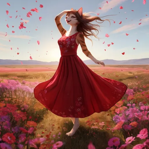 Prompt: (full body image) (female furry cat) wearing a striking (red dress), ultra-detailed textures, surrounded by beautiful (floral plains), warm sunlight illuminating the scene, dress flowing gracefully in the gentle breeze, petals floating delicately through the air, creating a whimsical and joyful atmosphere, vivid colors, high-quality, 4K resolution, inviting and cheerful day.