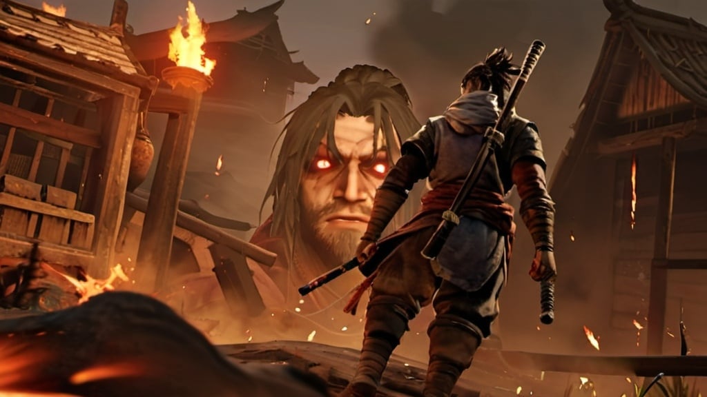 Prompt: shura from the game sekiro standing in the center of the screen facing the camera, around him is a village engulfed in flames and dead bodies of his enemies, semi realistic style 