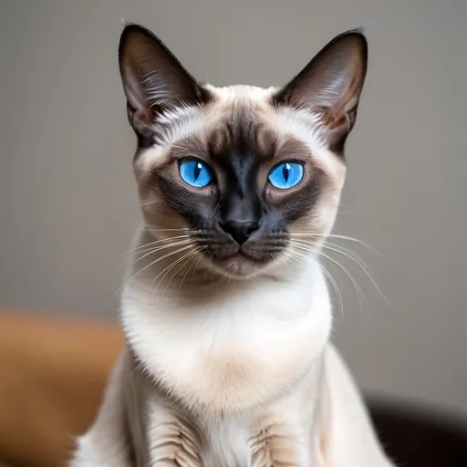 Prompt: A sleek Siamese cat with striking blue eyes and a short coat.