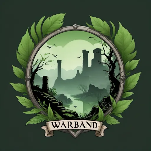 Prompt: Warband logo themed lost and ruins, more green and leaves, add word Perdita to the image