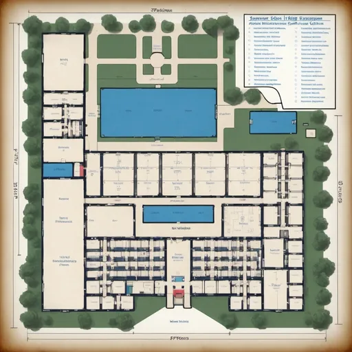 Prompt: The blueprint of a huge school that consists of different campuses for the elementary, Middle school and high school. All is labeled along with a secret area for students to hang out