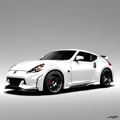 Prompt: Draw me a design of a 370 z in white with carbon fiber accents