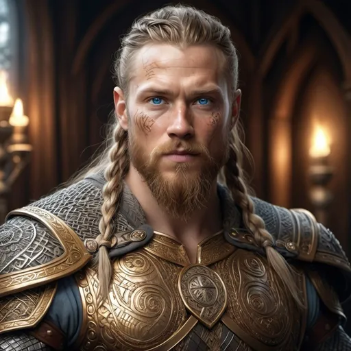 Prompt: Concept art of male Vikingbeard highly detailed skin, freckles, curvy, she wears highly detailed golden armor that is embossed with lots of norse or celtic knotwork designs made from metal, armor has embedded jewels, viking Scale armor, Mammen Style Knotwork, Stave church designs, Armor and background elements should use Urnes style scandinavian knotwork, perfect face and iris, blue eyes, hair in viking braids, full body, Hyperrealism, Film Photography, concept art portrait by Greg Rutkowski, Anna Dittmann, Artstation, 8k, sharp focus, (masterpiece), top quality art, Mythical, cinematic lightning, ultra digitality, Dramatic, ((Expansive)), Sunlight/Magic Particles, sword held in hand, in Valhalla, Asgard, Yggdrasil, Bifrost