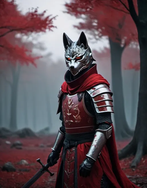 Prompt: A (knight in hardened blood armor with a kitsune mask), dark and intense atmosphere, crimson and deep red tones, dramatic lighting, high contrast shadows, eerie and foreboding mood, ultra-detailed armor with blood-soaked textures, (kitsune mask) with elaborate fox-like features, misty and mystical background, haunting ancient battlefield, scattered remains of war, 4k, ultra-detailed, cinematic masterpiece, high definition